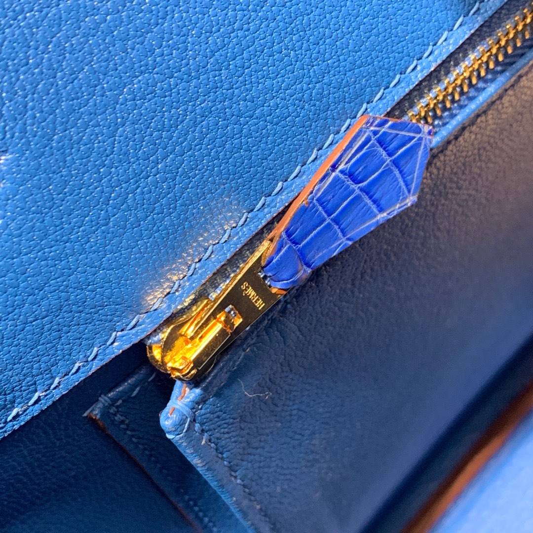 爱马仕拼色铂金包 Hermes Birkin30CM 橙色拼电光蓝雾面鳄鱼皮 金扣