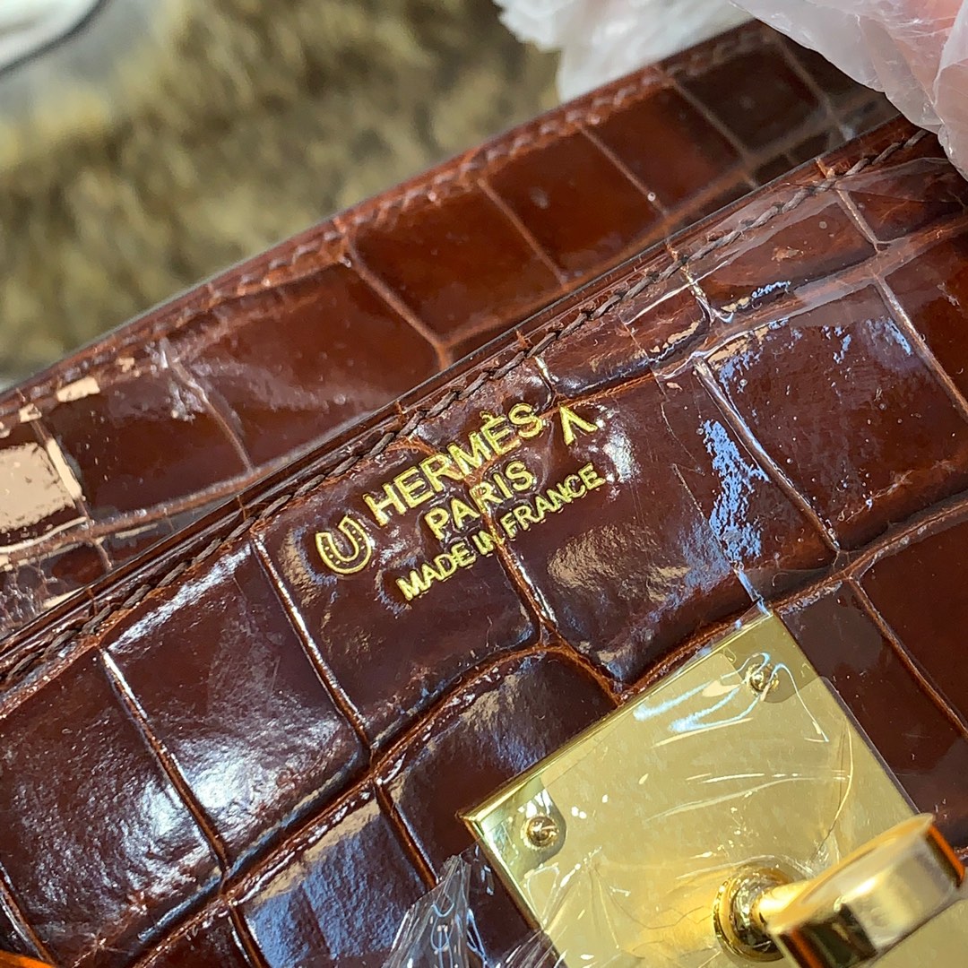 Hermes包包官网 爱马仕咖啡拼橙色亮光鳄鱼皮铂金包Birkin30CM 金扣