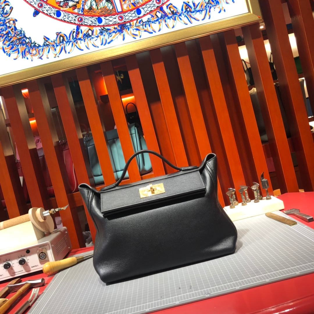 爱马仕新款凯莉包 Hermes 24-24Kelly29CM 黑色进口Swift牛皮手提包 金扣
