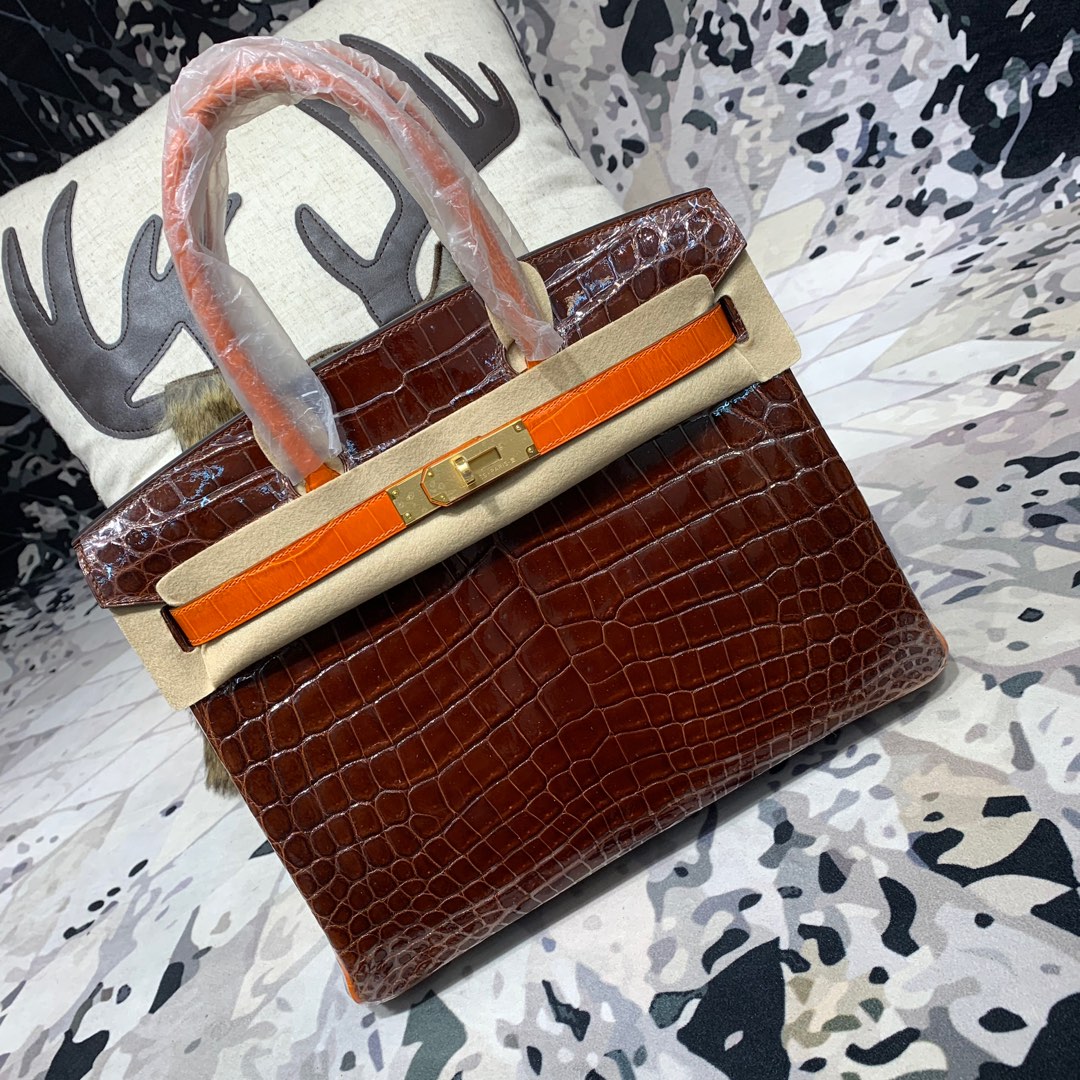Hermes包包官网 爱马仕咖啡拼橙色亮光鳄鱼皮铂金包Birkin30CM 金扣
