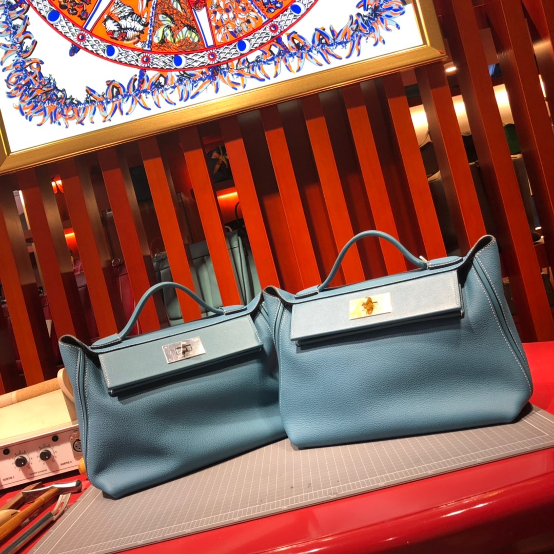 Hermes女包批发 爱马仕新款凯莉包24-24Kelly29CM 牛仔蓝进口Togo牛皮 金扣