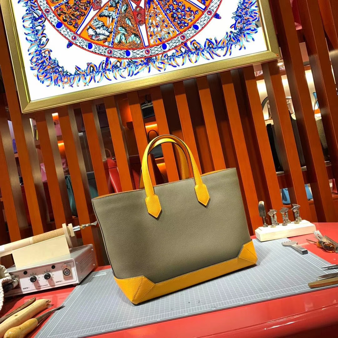 Hermes Maxibox Cabas 爱马仕8F锡器灰拼9V太阳黄手提包购物袋30CM