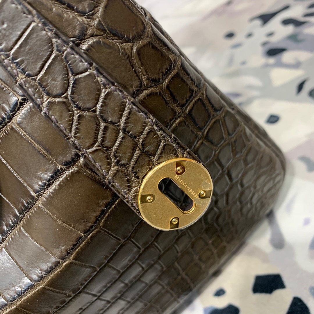 Hermes Lindy30CM 爱马仕深啡色雾面鳄鱼皮琳迪包单肩包 金扣
