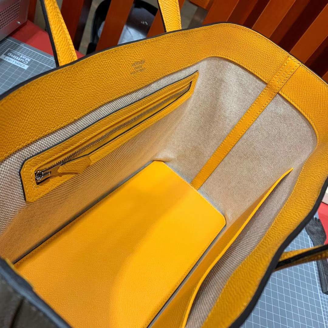 Hermes Maxibox Cabas 爱马仕8F锡器灰拼9V太阳黄手提包购物袋30CM