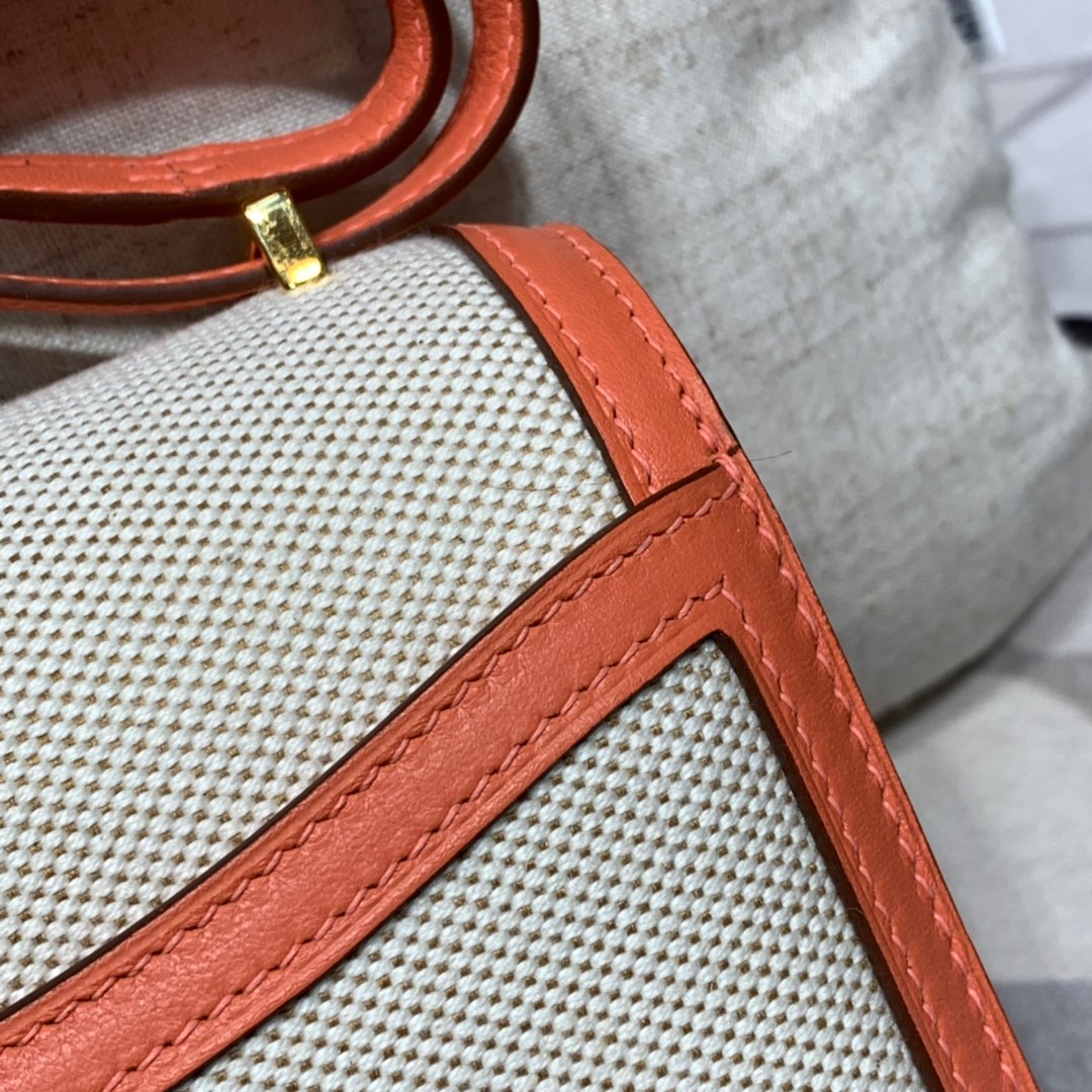 Hermes Constance19CM 爱马仕帆布拼Swift牛皮L5龙虾粉空姐包 金扣