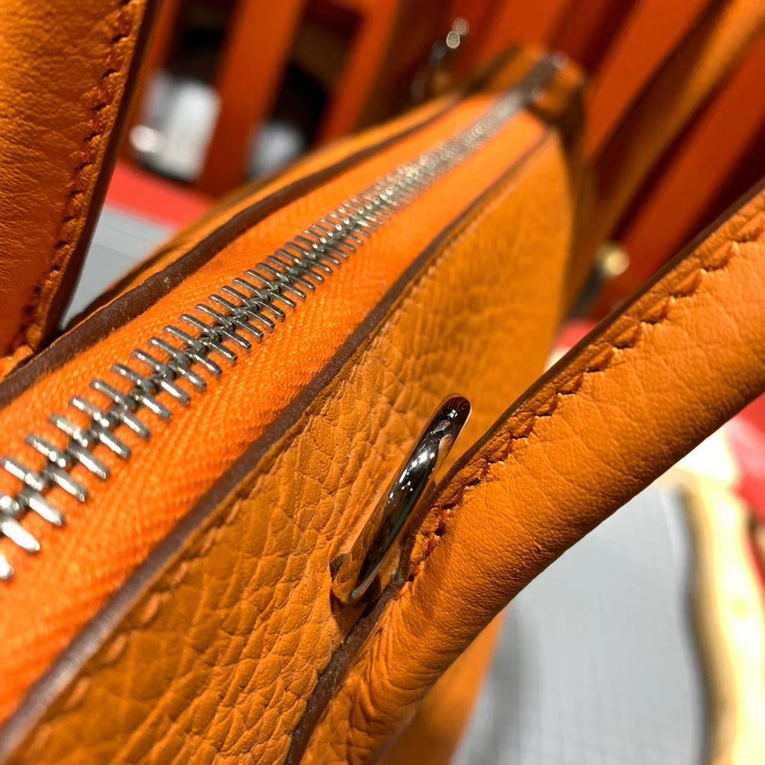 Hermes Bolide31CM 爱马仕93橙色Clemence牛皮保龄球包手提女包 银扣