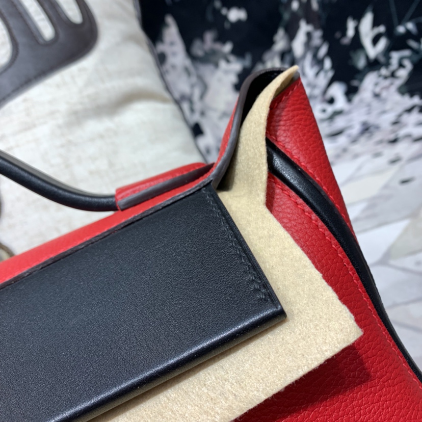 爱马仕新款女包 Hermes Kelly24-24 Q5中国红拼89黑色拼色手提包29CM 银扣