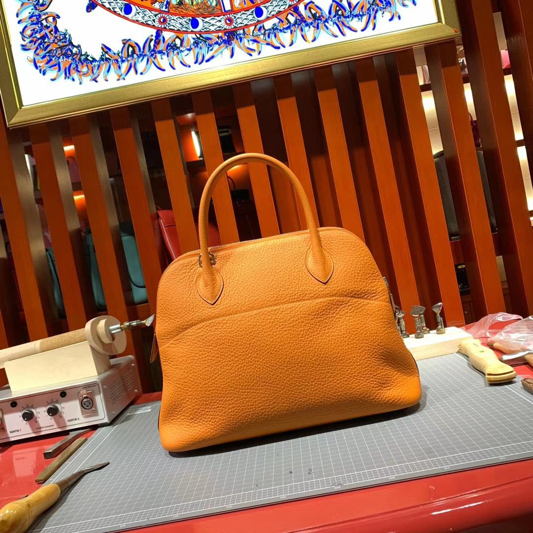 Hermes Bolide31CM 爱马仕93橙色Clemence牛皮保龄球包手提女包 银扣