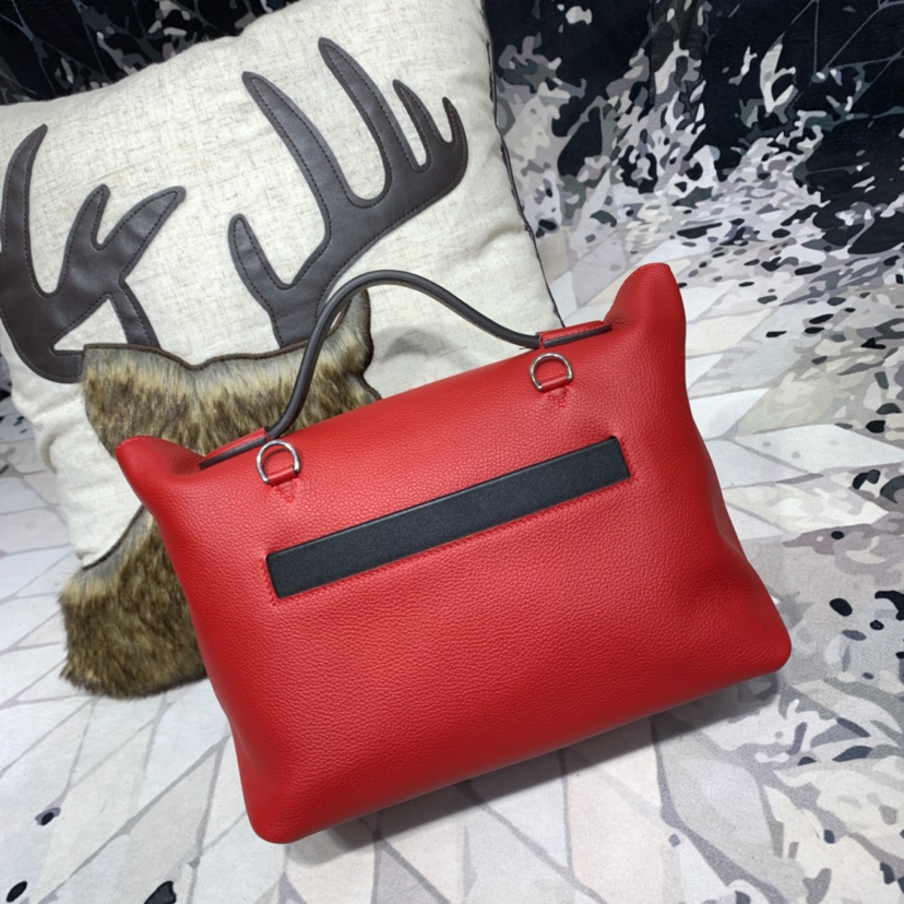 爱马仕新款女包 Hermes Kelly24-24 Q5中国红拼89黑色拼色手提包29CM 银扣