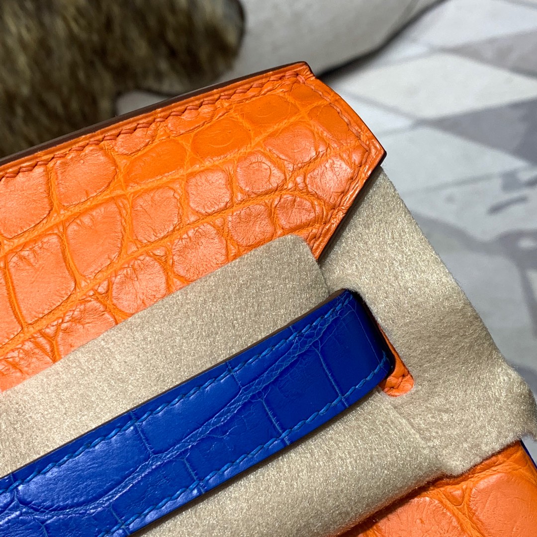 爱马仕拼色铂金包 Hermes Birkin30CM 橙色拼电光蓝雾面鳄鱼皮 金扣