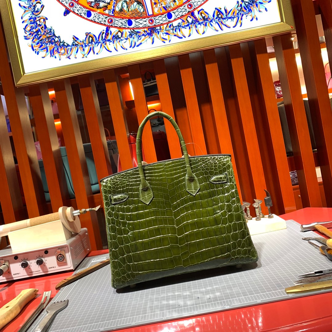 顶尖工艺 Hermes爱马仕铂金包 61橄榄绿亮面尼罗鳄鱼皮Birkin30CM 金扣
