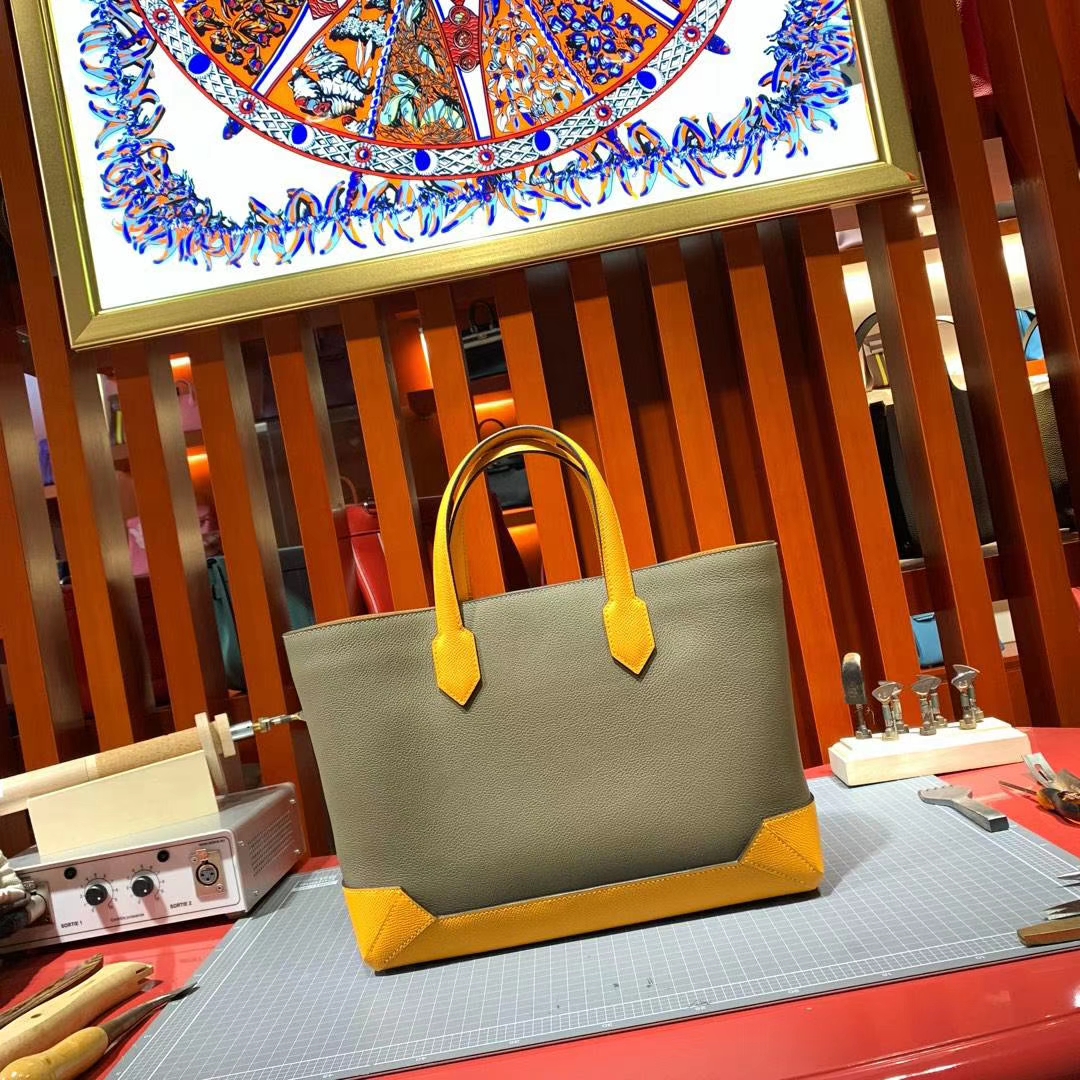 Hermes Maxibox Cabas 爱马仕8F锡器灰拼9V太阳黄手提包购物袋30CM