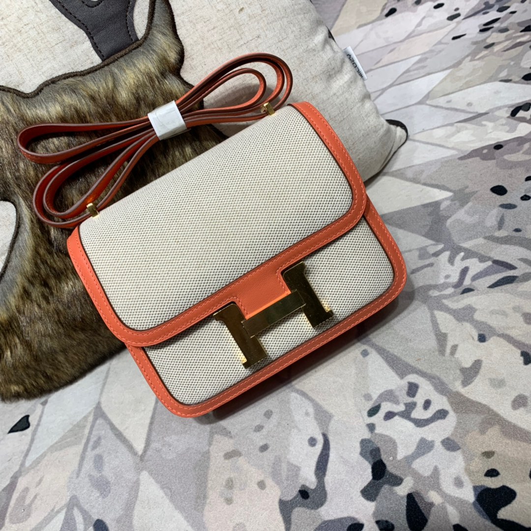 Hermes Constance19CM 爱马仕帆布拼Swift牛皮L5龙虾粉空姐包 金扣