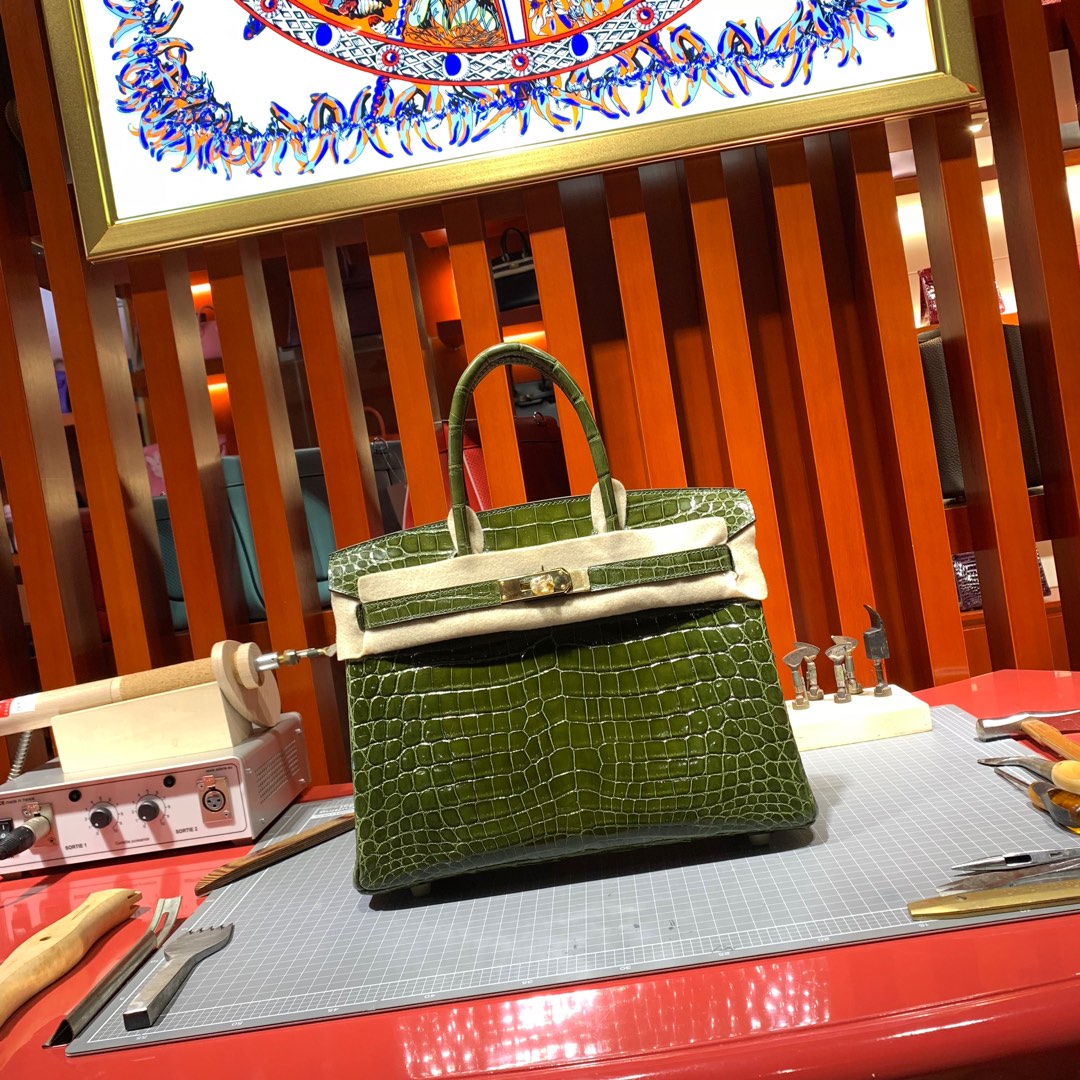 顶尖工艺 Hermes爱马仕铂金包 61橄榄绿亮面尼罗鳄鱼皮Birkin30CM 金扣