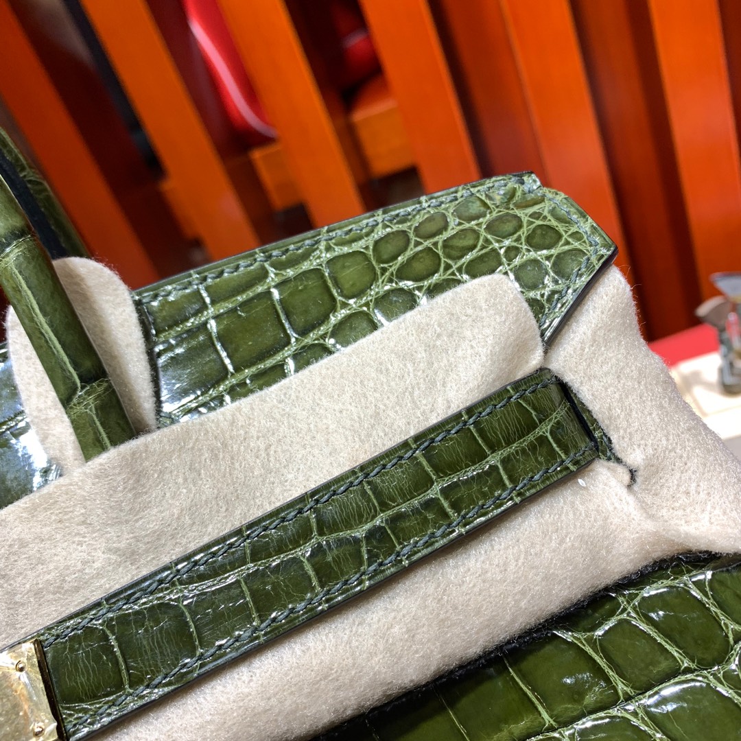 顶尖工艺 Hermes爱马仕铂金包 61橄榄绿亮面尼罗鳄鱼皮Birkin30CM 金扣