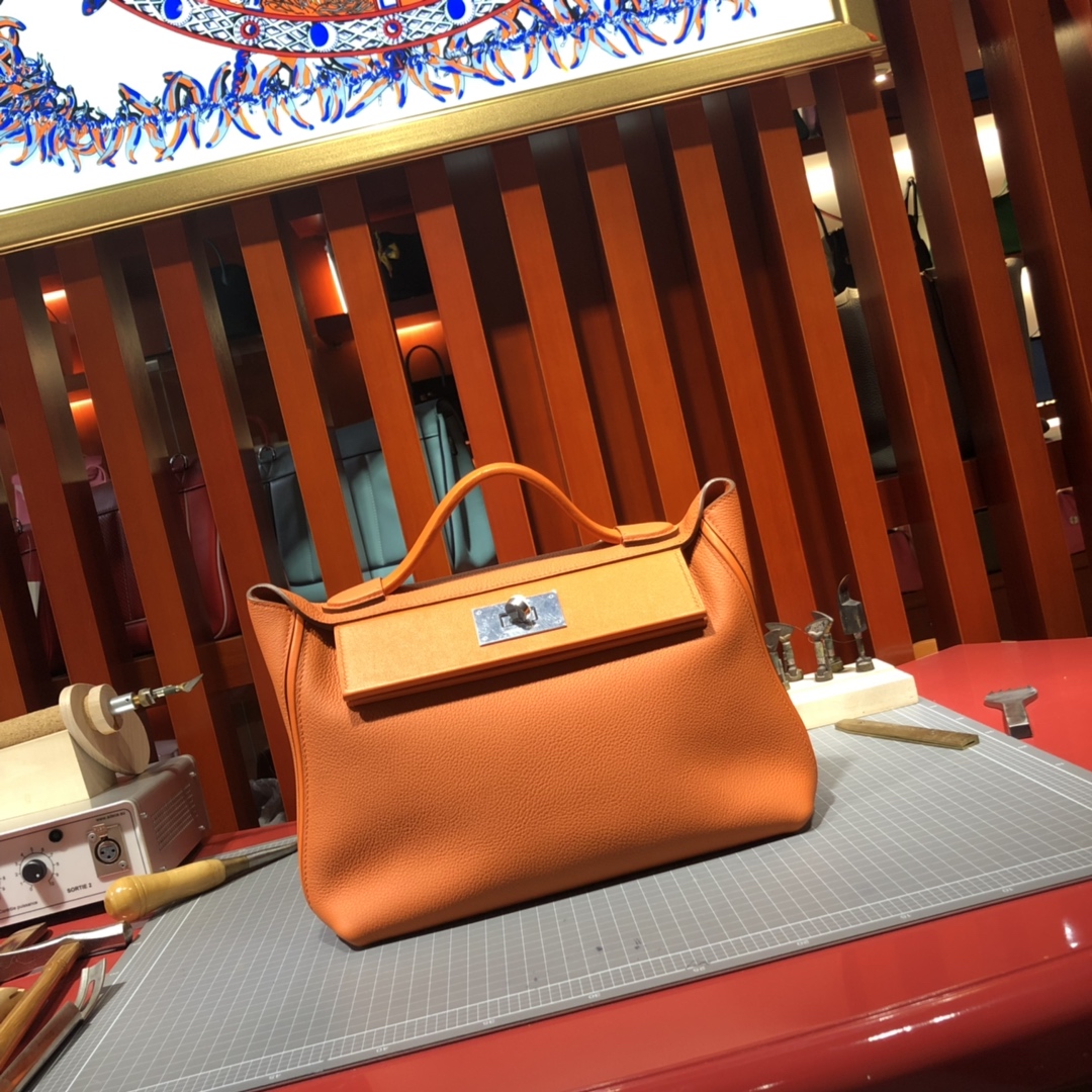 Hermes包包官网 爱马仕橙色法国Togo小牛皮新款凯莉包24-24Kelly29CM 银扣