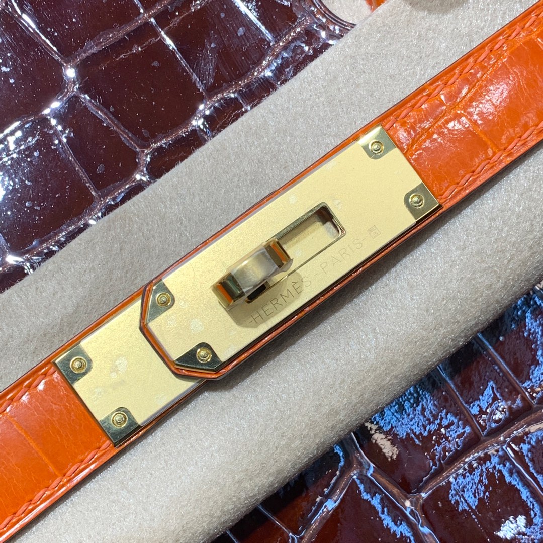Hermes包包官网 爱马仕咖啡拼橙色亮光鳄鱼皮铂金包Birkin30CM 金扣