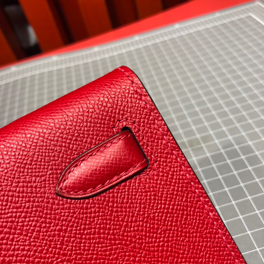 爱马仕钱包批发 Hermes Kelly Cut 大红色顶级掌纹牛皮手拿包晚宴包 金扣