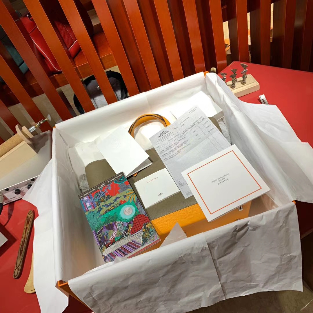 Hermes Maxibox Cabas 爱马仕8F锡器灰拼9V太阳黄手提包购物袋30CM