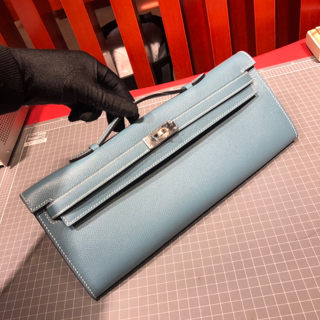 Hermes Kelly Cut 爱马仕牛仔蓝顶级Epsom牛皮女士手拿包晚宴包 银扣