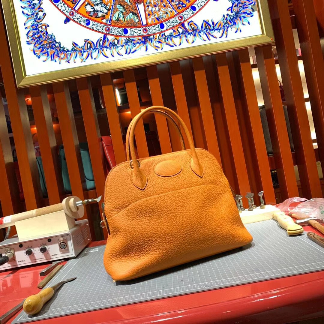 Hermes Bolide31CM 爱马仕93橙色Clemence牛皮保龄球包手提女包 银扣