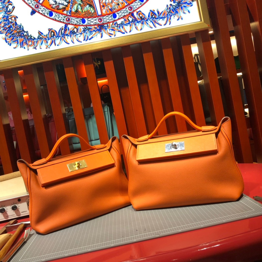 Hermes包包官网 爱马仕橙色法国Togo小牛皮新款凯莉包24-24Kelly29CM 银扣
