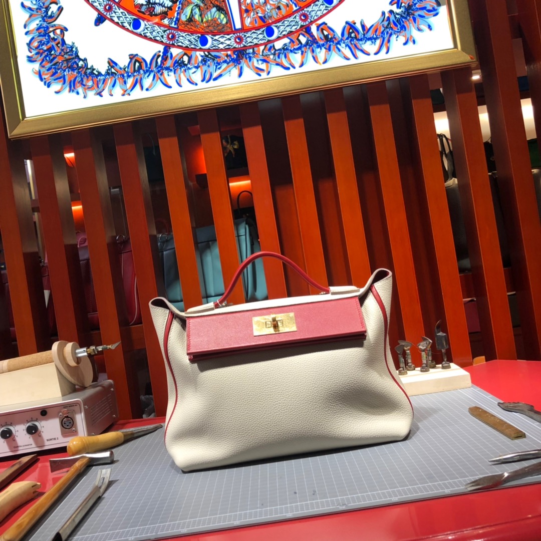 爱马仕新款女包 Hermes奶昔白拼红色拼色凯莉包24-24Kelly29CM 金扣