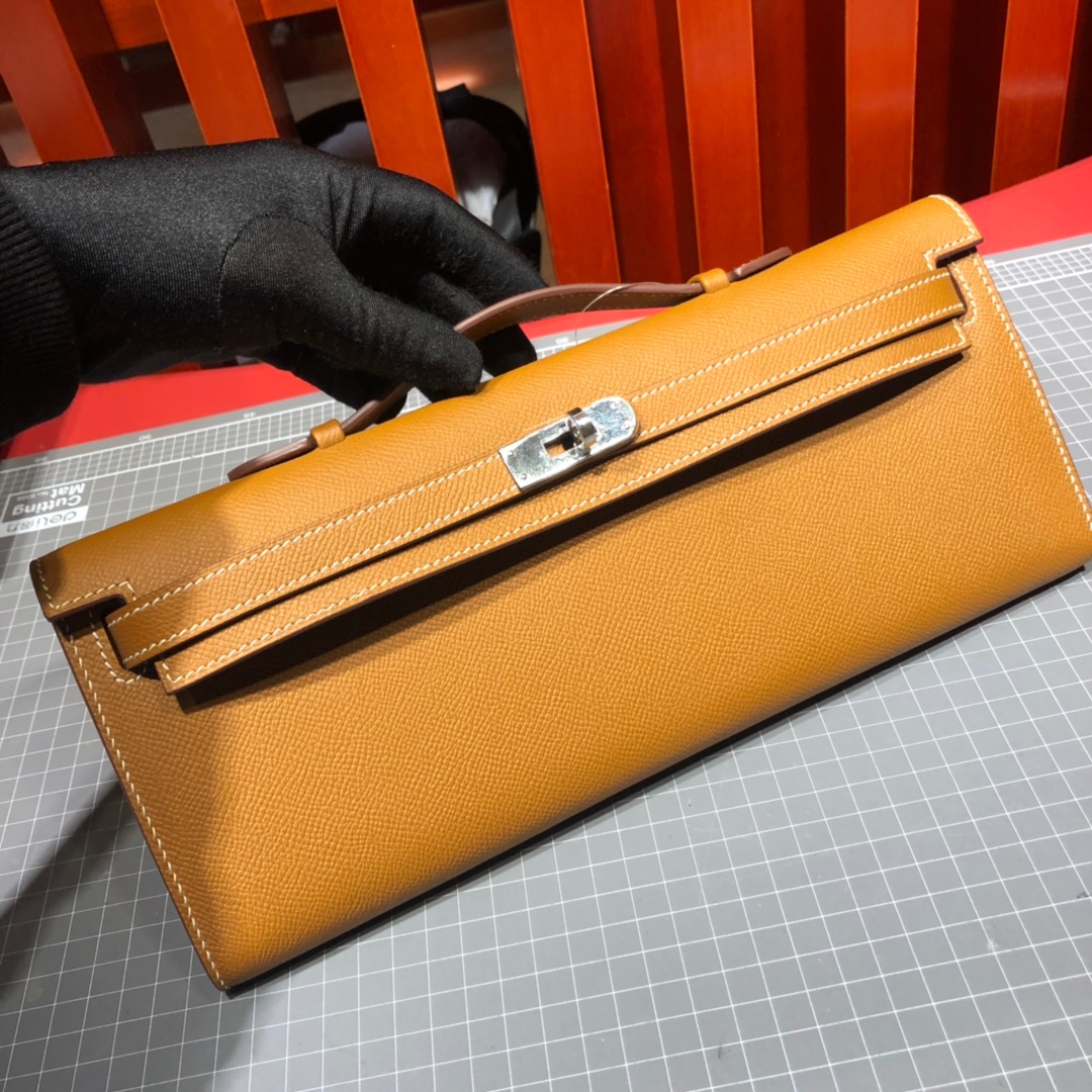 Hermes Kelly Cut 爱马仕土黄色顶级Epsom牛皮晚宴包手拿包 银扣