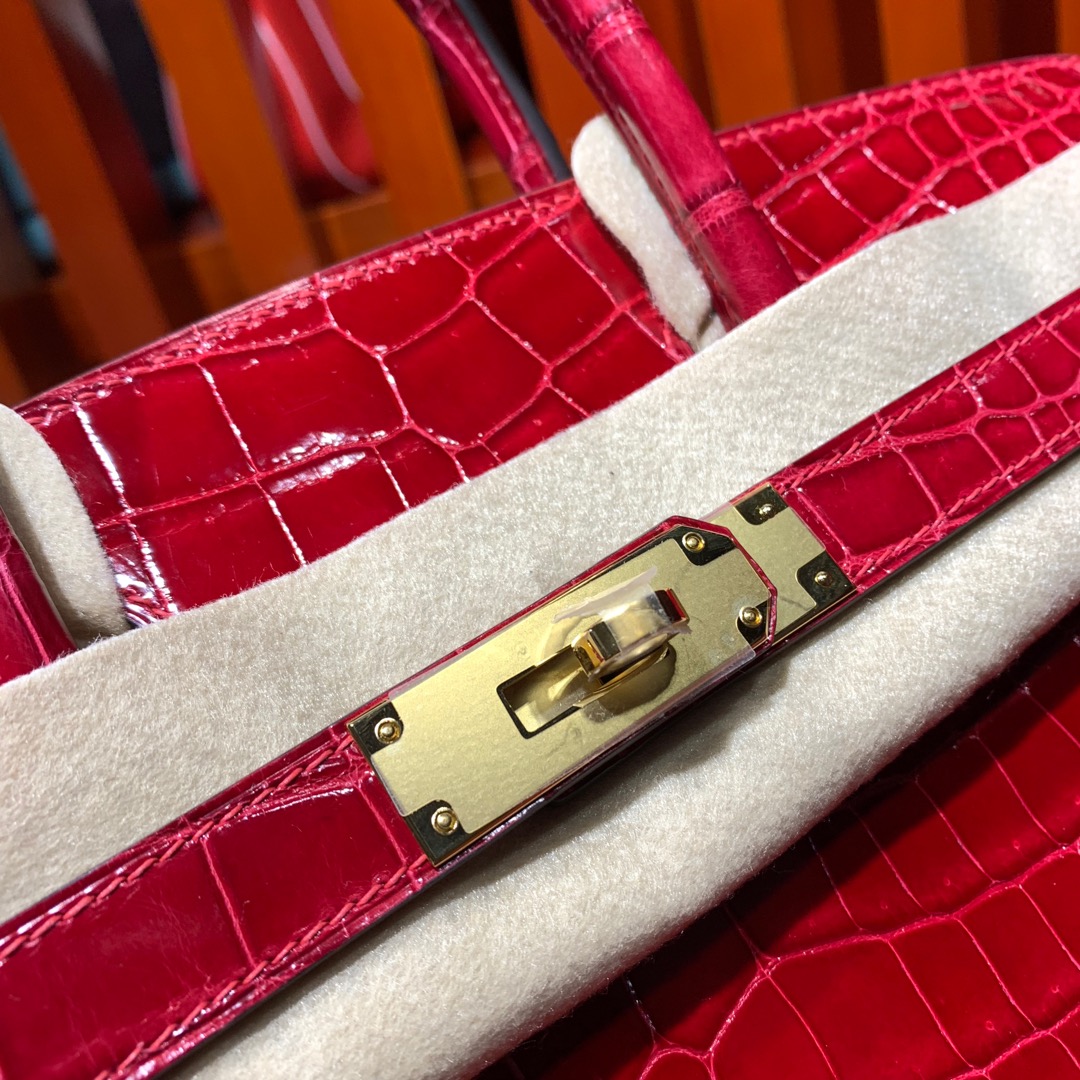 Hermes Birkin30CM 爱马仕95法拉利红亮面尼罗鳄鱼皮铂金包 金扣