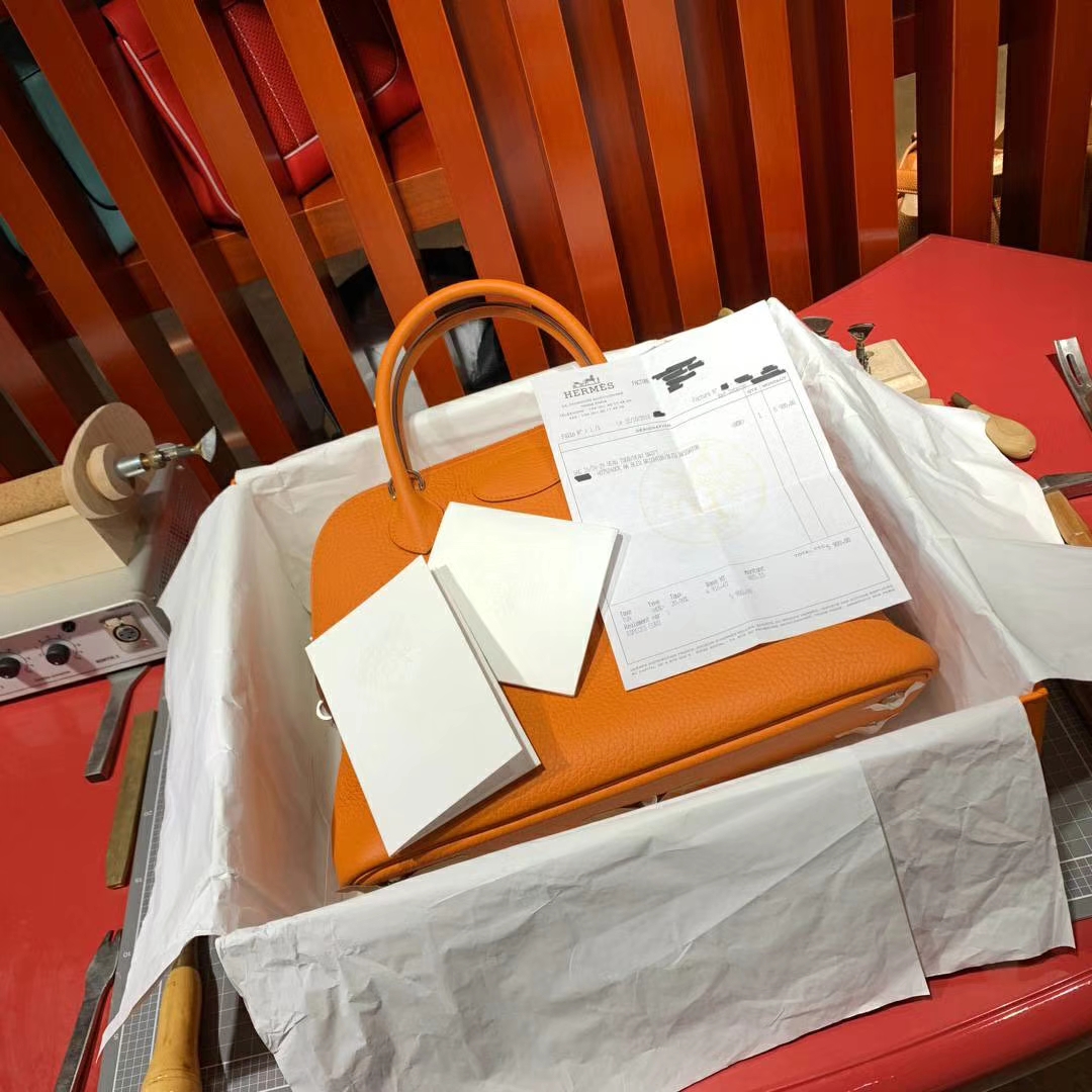 Hermes Bolide31CM 爱马仕93橙色Clemence牛皮保龄球包手提女包 银扣