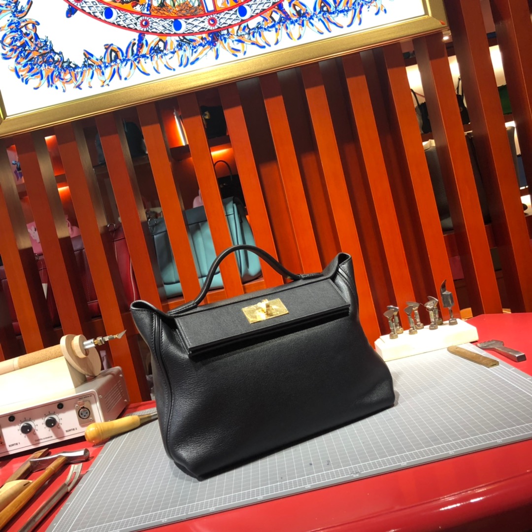 爱马仕新款凯莉包 Hermes 24-24Kelly29CM 黑色进口Swift牛皮手提包 金扣