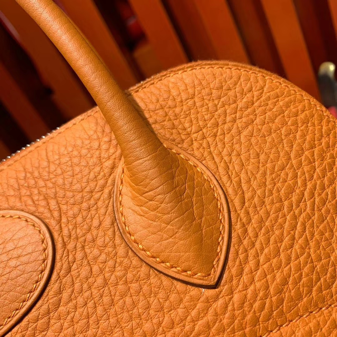 Hermes Bolide31CM 爱马仕93橙色Clemence牛皮保龄球包手提女包 银扣