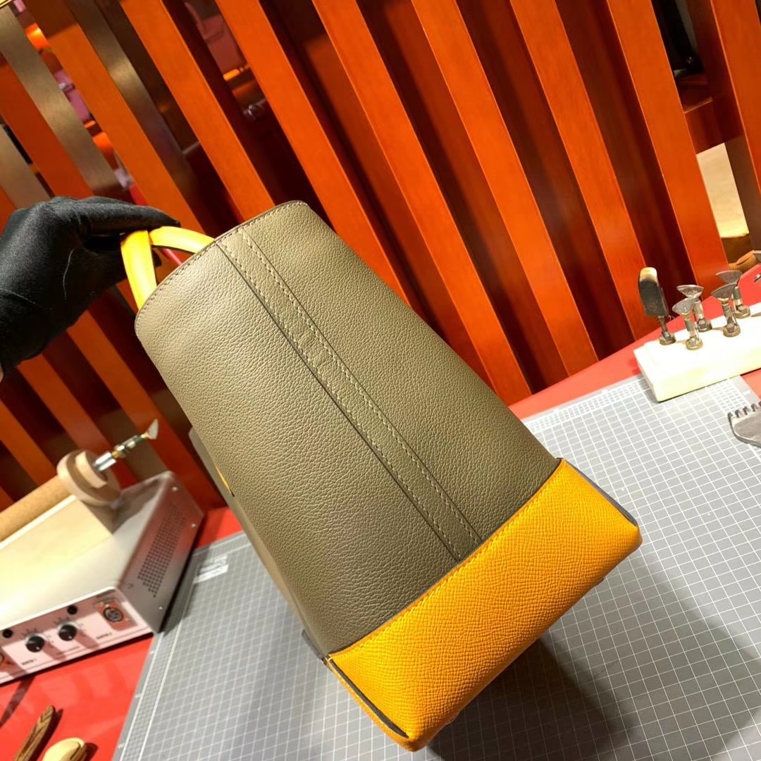 Hermes Maxibox Cabas 爱马仕8F锡器灰拼9V太阳黄手提包购物袋30CM