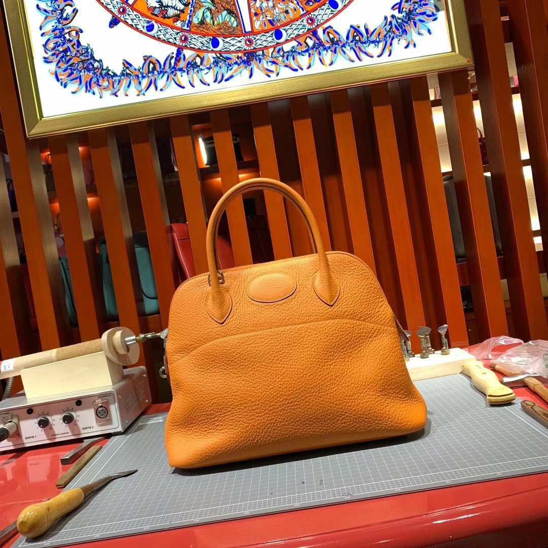 Hermes Bolide31CM 爱马仕93橙色Clemence牛皮保龄球包手提女包 银扣