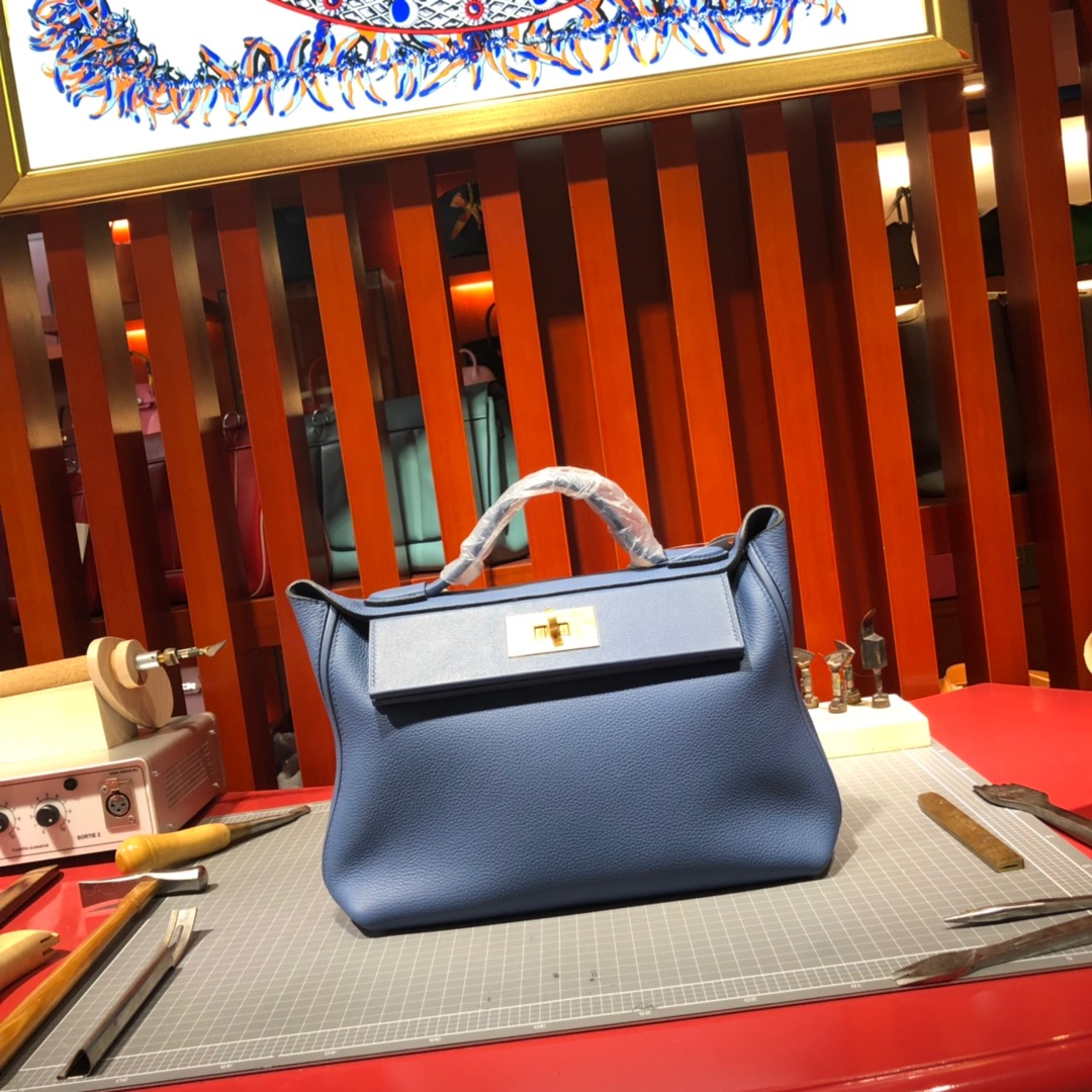 Hermes包包价格 爱马仕法国进口Togo牛皮Kelly24-24新款凯莉包 明蓝色 金扣