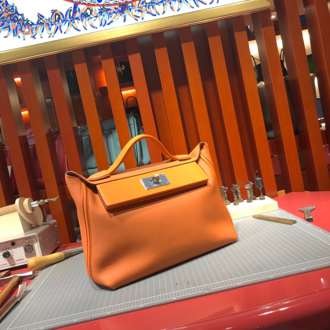Hermes包包官网 爱马仕橙色法国Togo小牛皮新款凯莉包24-24Kelly29CM 银扣