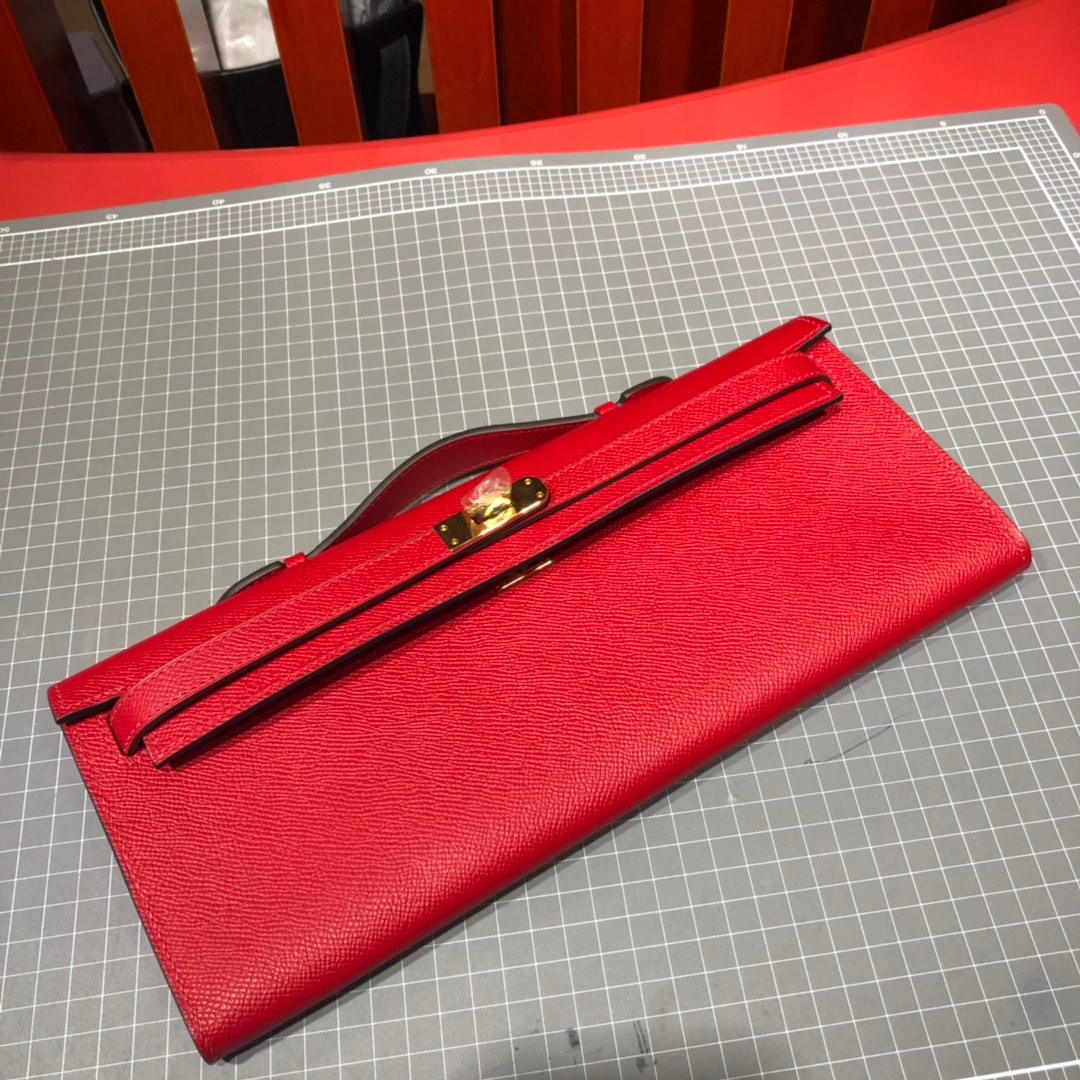 爱马仕钱包批发 Hermes Kelly Cut 大红色顶级掌纹牛皮手拿包晚宴包 金扣