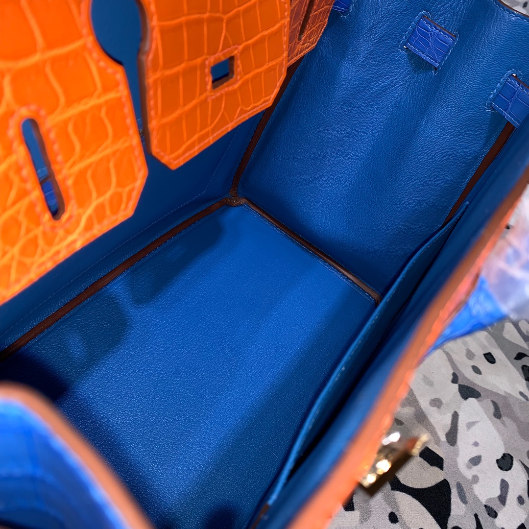 爱马仕拼色铂金包 Hermes Birkin30CM 橙色拼电光蓝雾面鳄鱼皮 金扣
