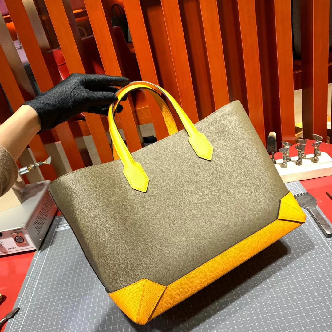 Hermes Maxibox Cabas 爱马仕8F锡器灰拼9V太阳黄手提包购物袋30CM