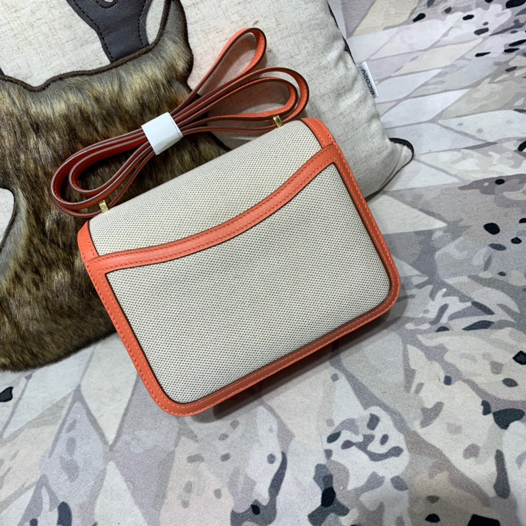 Hermes Constance19CM 爱马仕帆布拼Swift牛皮L5龙虾粉空姐包 金扣
