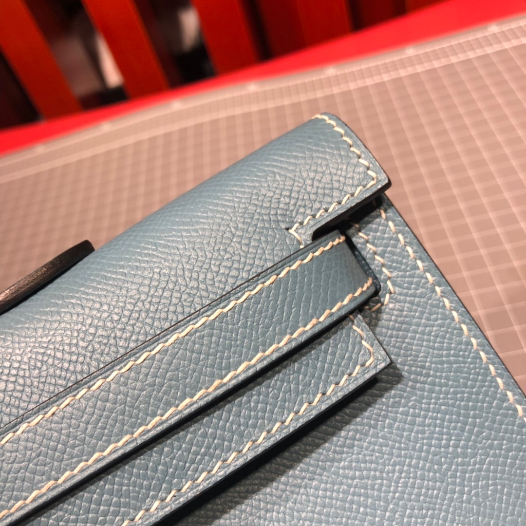 Hermes Kelly Cut 爱马仕牛仔蓝顶级Epsom牛皮女士手拿包晚宴包 银扣