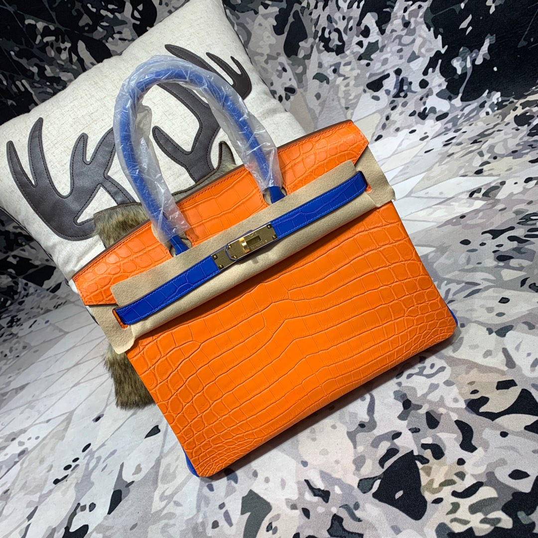 爱马仕拼色铂金包 Hermes Birkin30CM 橙色拼电光蓝雾面鳄鱼皮 金扣
