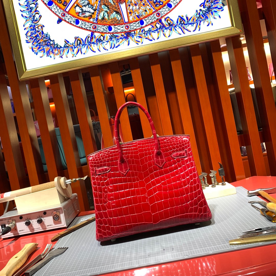 Hermes Birkin30CM 爱马仕95法拉利红亮面尼罗鳄鱼皮铂金包 金扣