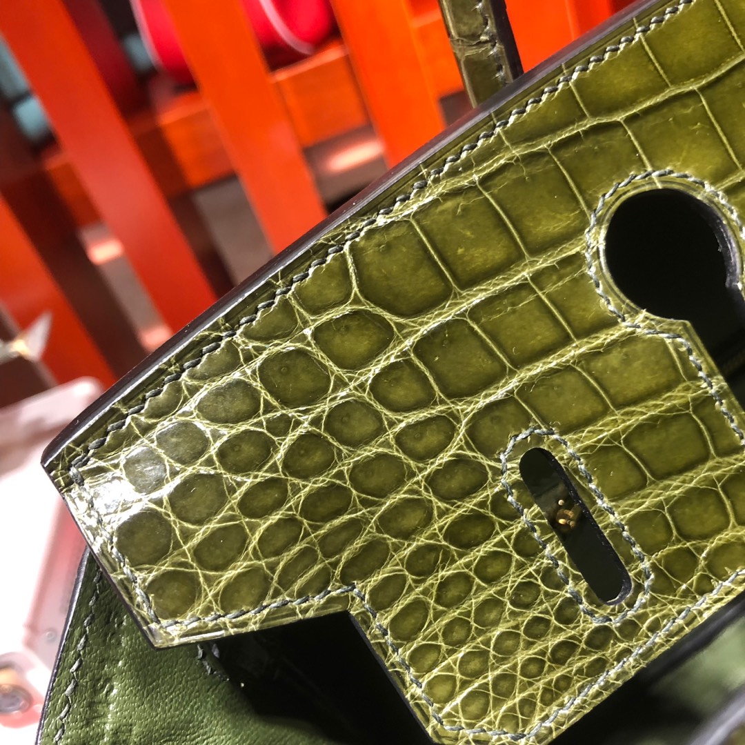 顶尖工艺 Hermes爱马仕铂金包 61橄榄绿亮面尼罗鳄鱼皮Birkin30CM 金扣