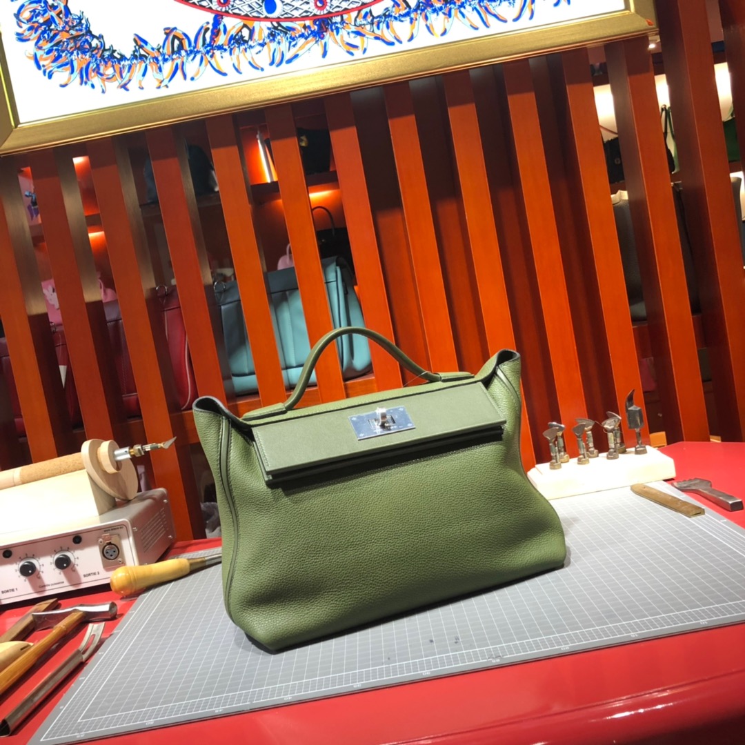爱马仕新款凯莉包 Hermes 24-24Kelly29CM 丛林绿进口Taurillon maurice皮 银扣