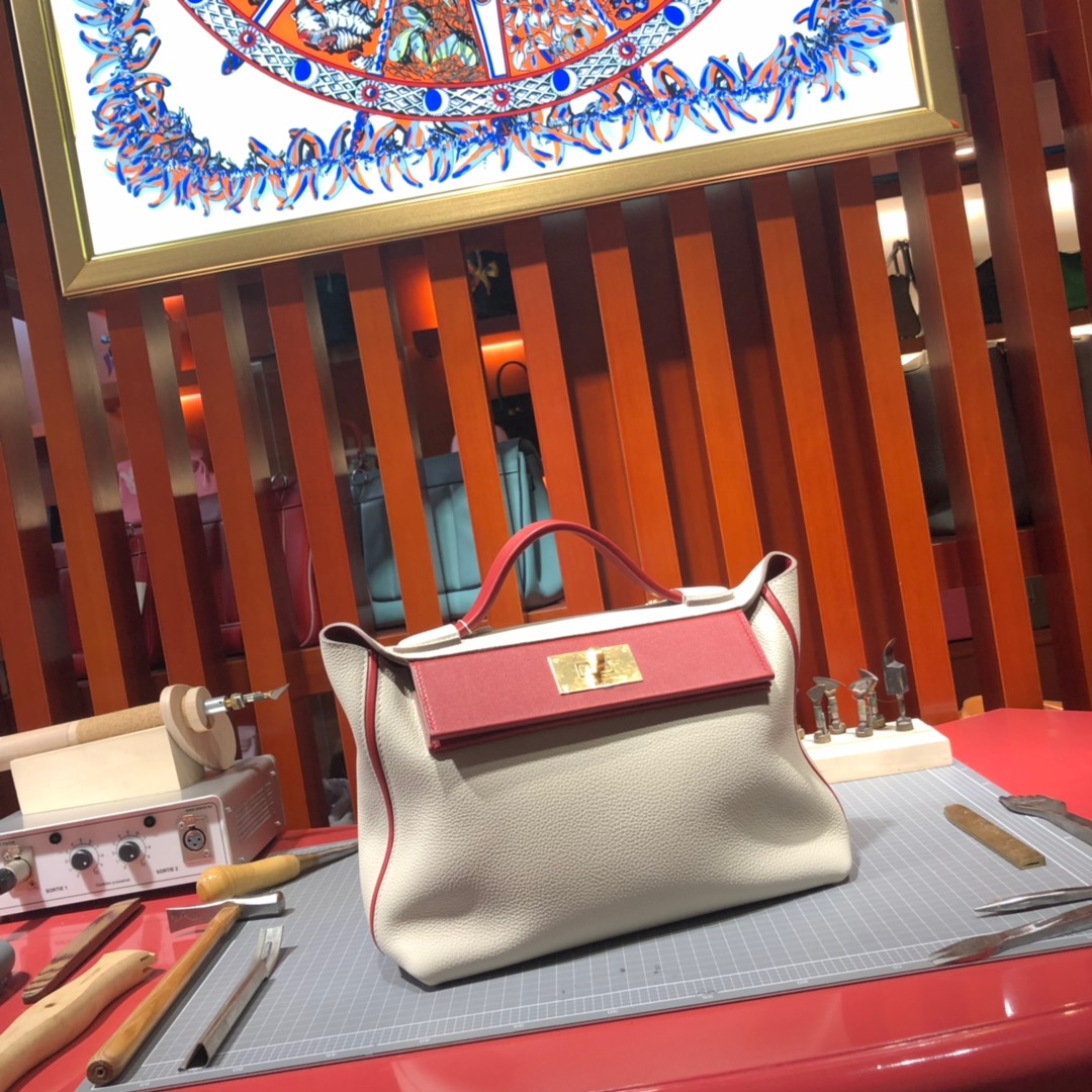 爱马仕新款女包 Hermes奶昔白拼红色拼色凯莉包24-24Kelly29CM 金扣