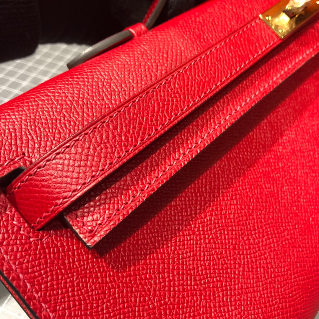 爱马仕钱包批发 Hermes Kelly Cut 大红色顶级掌纹牛皮手拿包晚宴包 金扣
