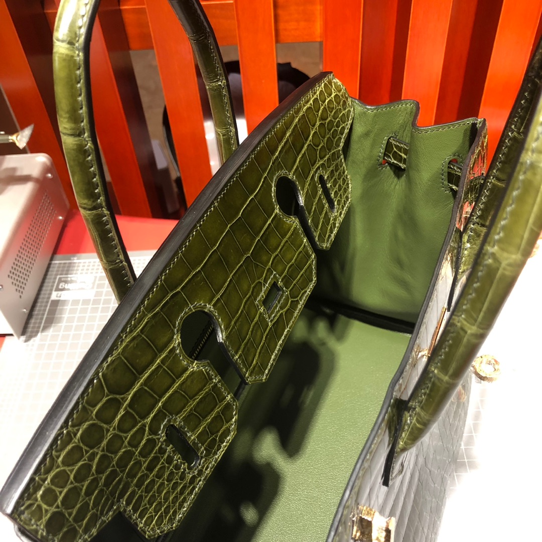 顶尖工艺 Hermes爱马仕铂金包 61橄榄绿亮面尼罗鳄鱼皮Birkin30CM 金扣