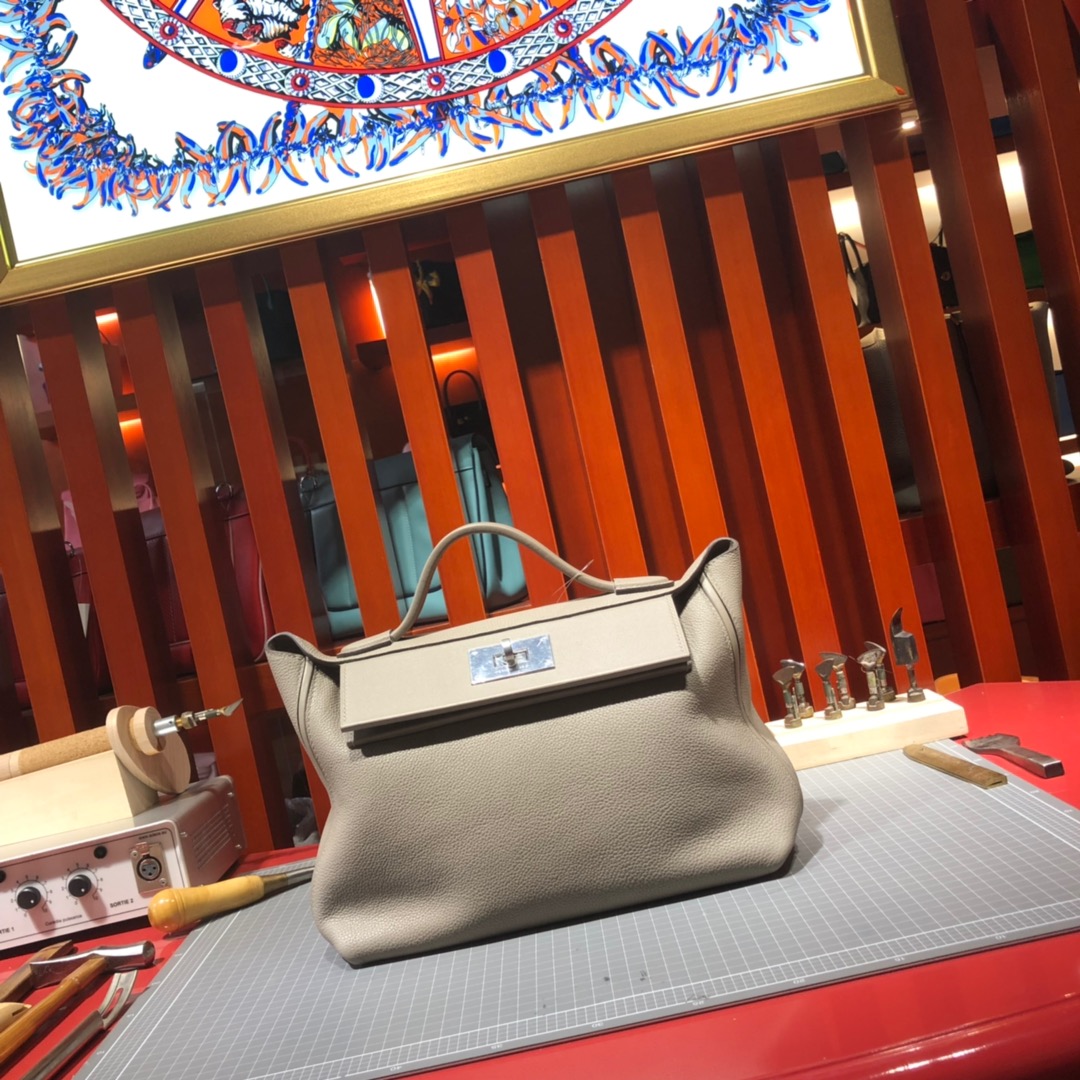 爱马仕包包价格 Hermes Kelly24-24 浅灰色进口Taurillon maurice皮凯莉包新款29CM 银扣