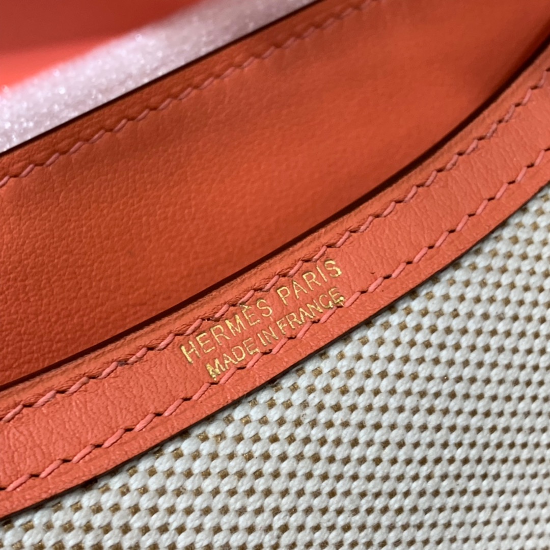 Hermes Constance19CM 爱马仕帆布拼Swift牛皮L5龙虾粉空姐包 金扣